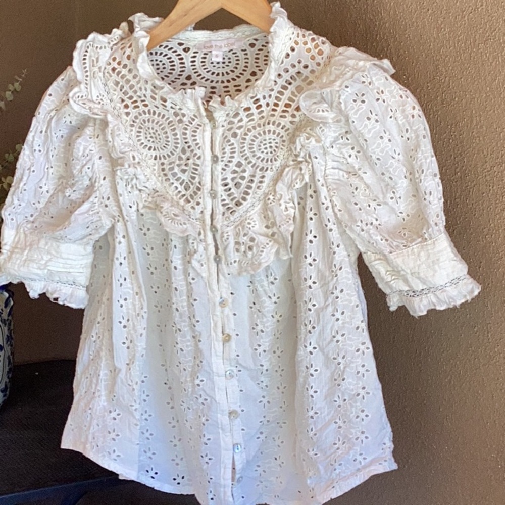 Anthropologie Love the Label Dreamer Ruffled Eyelet Blouse In White - Picture 7 of 10